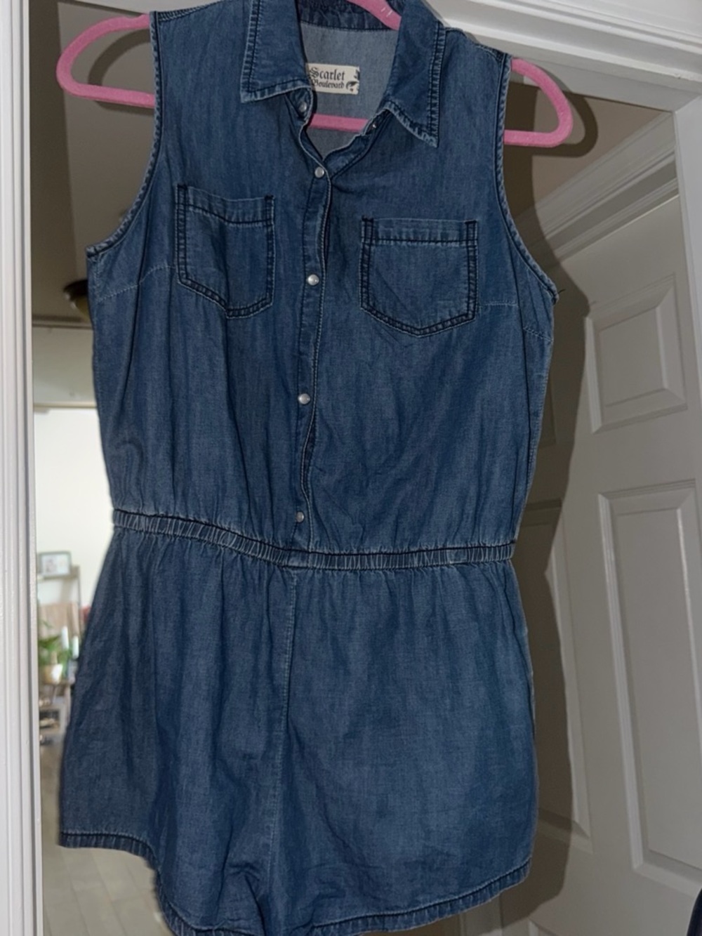 Scarlett Denim Sleeveless One-Piece Romper in Blue